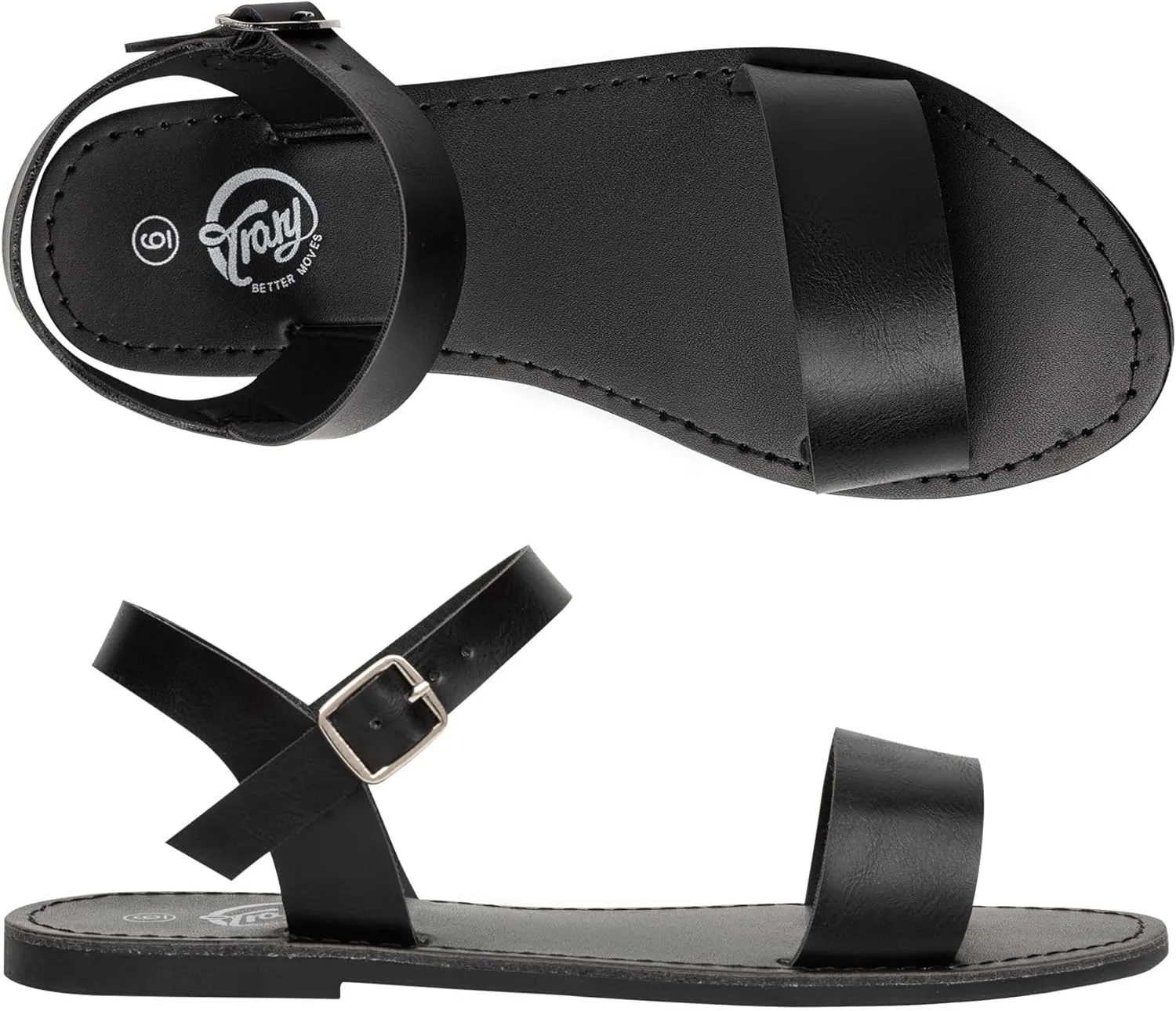 Trary Sandals for Women Dressy Summer, Leather Flat Sandals for Women Ankle Strap Gladiator Sandals Cute Open Toe Two Tone Sandals Adjustable Buckle Sandals Comfortable Wedding Sandals for Women