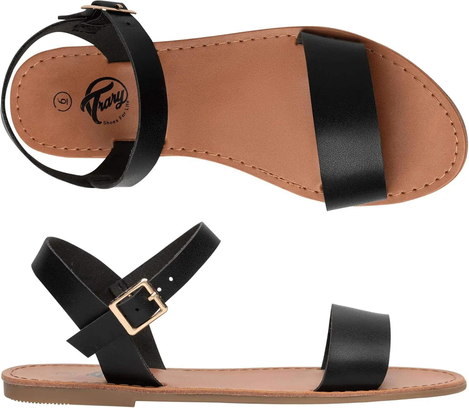 Trary Sandals for Women Dressy Summer, Leather Flat Sandals for Women Ankle Strap Gladiator Sandals Cute Open Toe Two Tone Sandals Adjustable Buckle Sandals Comfortable Wedding Sandals for Women