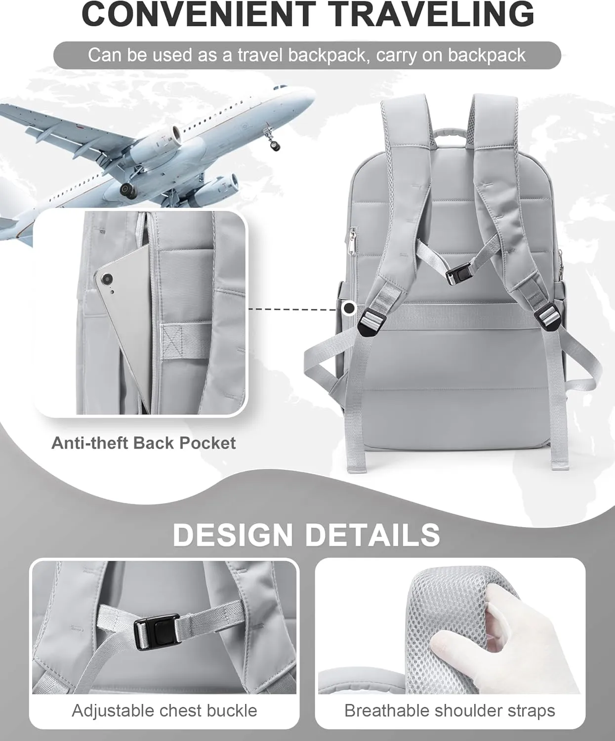 Travel Backpack Carry On Flight Approved Womens Backpack For Travel Essentials Mochila De Viaje Carry On Backpack For Women Men Airplanes Traveling Backpack Grey