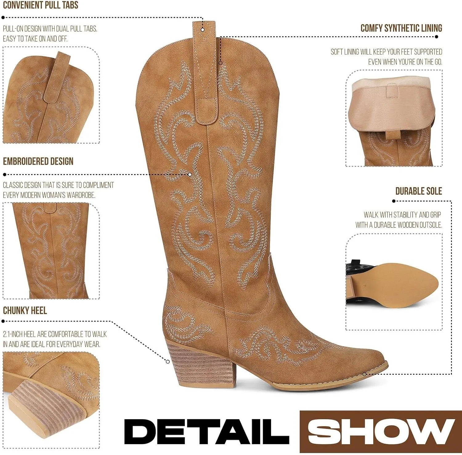 Tscoyuki Cowboy Boots for Women: Embroidered Western Knee High Boots Women - Pointed Toe Chunky Heel Cowgirl Tall Boots