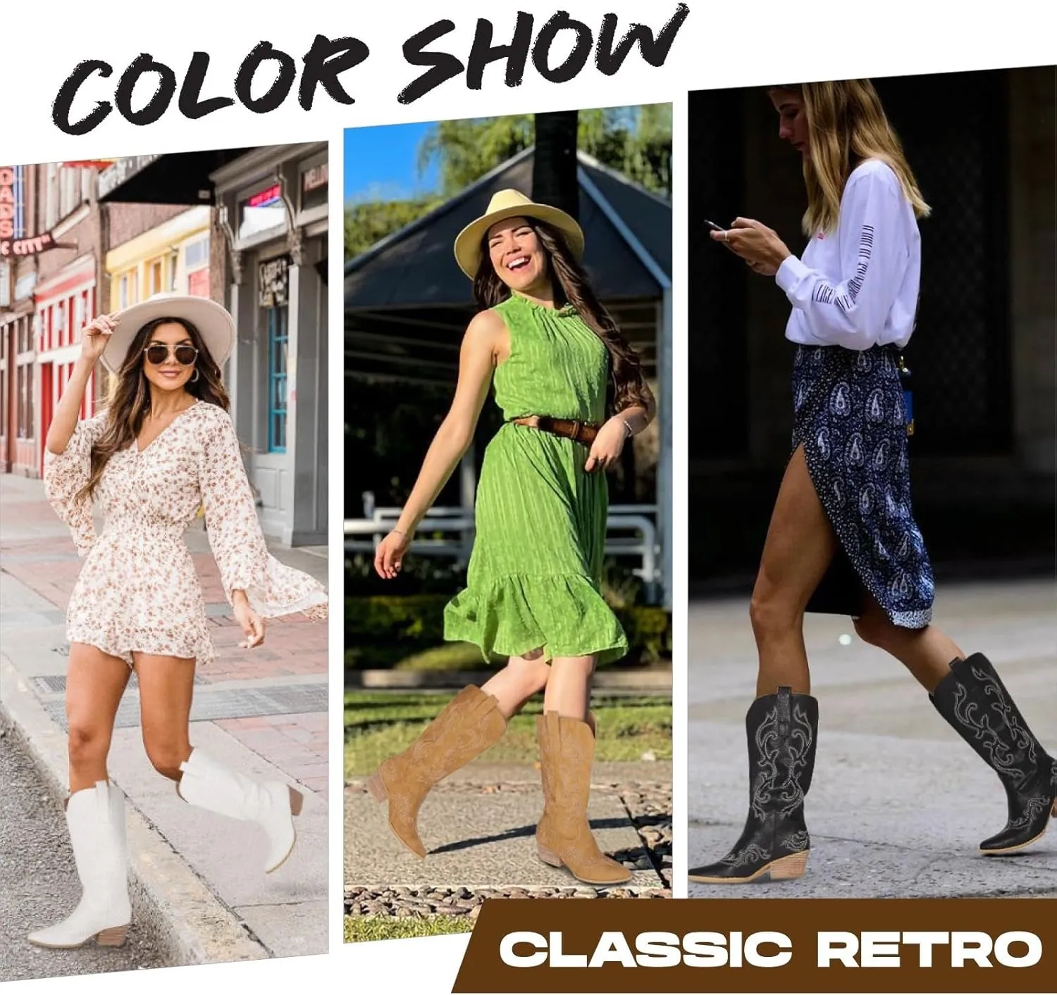 Tscoyuki Cowboy Boots for Women: Embroidered Western Knee High Boots Women - Pointed Toe Chunky Heel Cowgirl Tall Boots