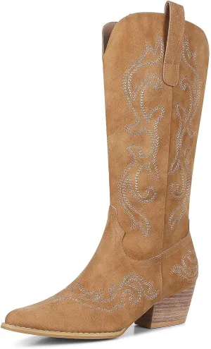 Tscoyuki Cowboy Boots for Women: Embroidered Western Knee High Boots Women - Pointed Toe Chunky Heel Cowgirl Tall Boots