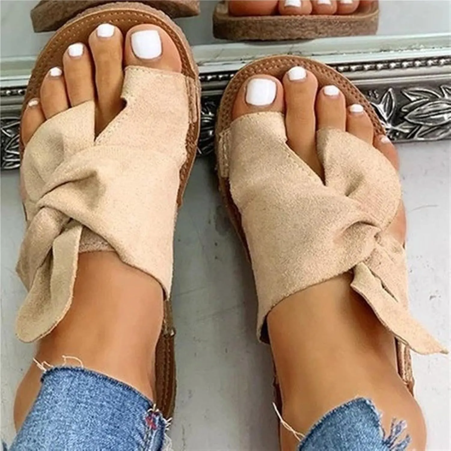 Twist Knot Flat Toe Loop Sandals for Womens Ladies Bowknot Toe Ring Gladiator Flat Slides Summer Embroidery Platform Classic Anti Slip Rome Beach Shoes
