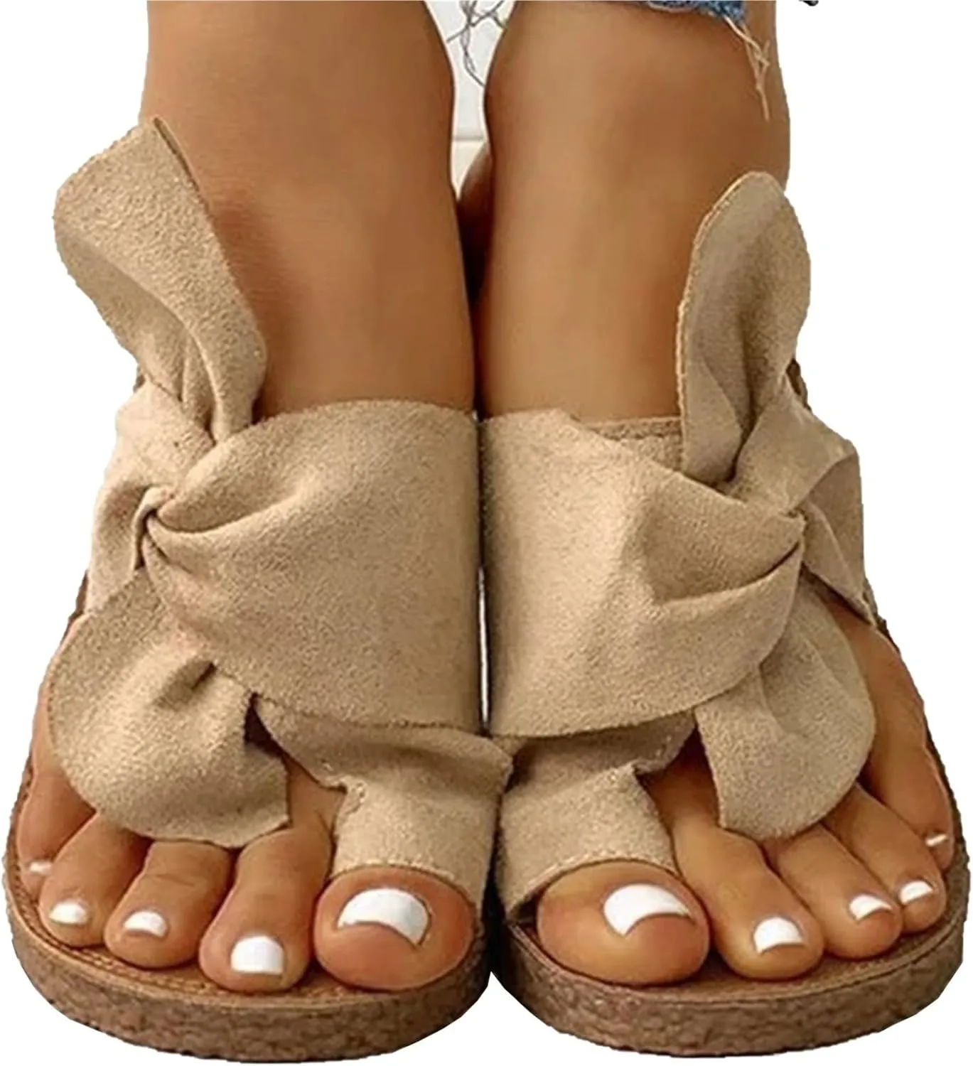 Twist Knot Flat Toe Loop Sandals for Womens Ladies Bowknot Toe Ring Gladiator Flat Slides Summer Embroidery Platform Classic Anti Slip Rome Beach Shoes