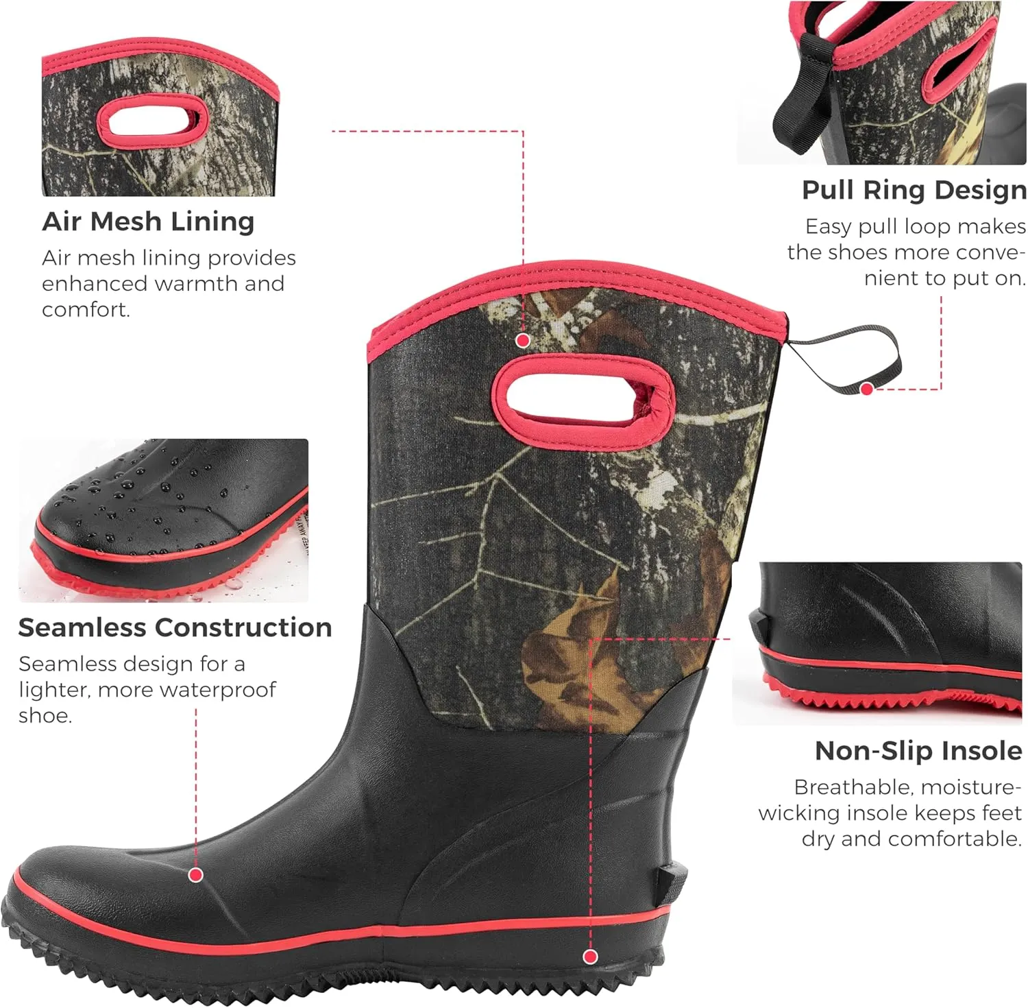 Ubon Rain Boots for Women Waterproof, Insulated Neoprene Rubber Boots Mid Calf, Pull On Mud Boots Gardening Farm Barn Shoes