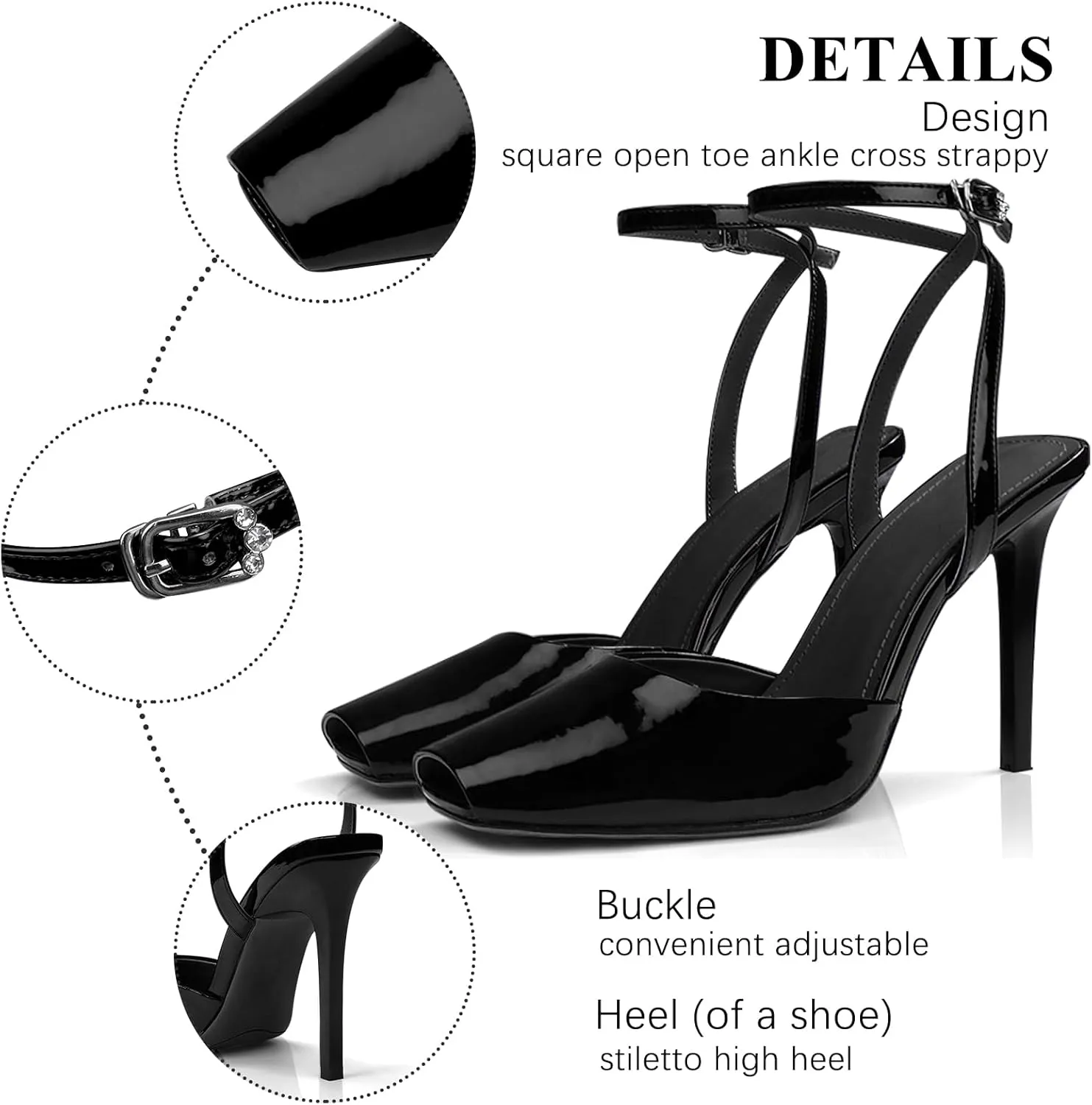 UBWDU Womens Peep Toe Heels Square Open Toe Ankle Strap Stiletto High Heel Sandals Dress Party Fashion Shoes