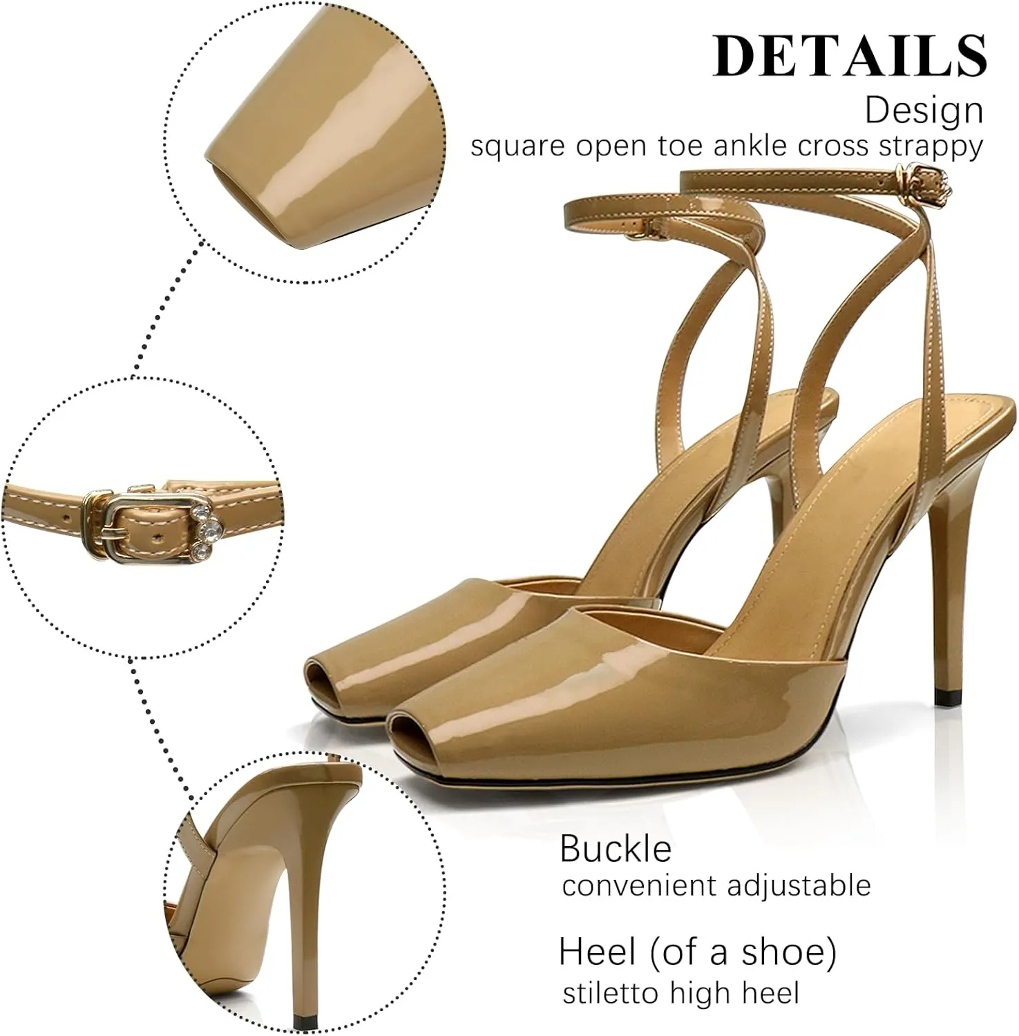 UBWDU Womens Peep Toe Heels Square Open Toe Ankle Strap Stiletto High Heel Sandals Dress Party Fashion Shoes