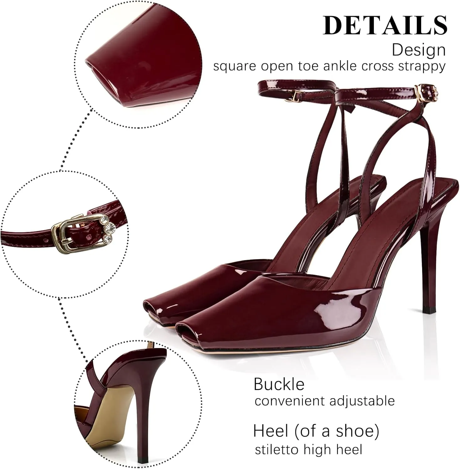 UBWDU Womens Peep Toe Heels Square Open Toe Ankle Strap Stiletto High Heel Sandals Dress Party Fashion Shoes