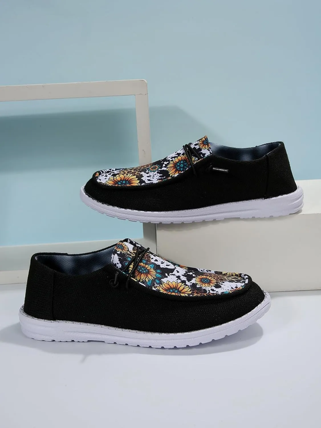 Unisex-Adult Sunflower Floral Canvas Loafers Comfortable Boat Shoes Easy Slip On Lightweight Deck Shoes Elastic Laces Outdoor Flat Walking Shoes Breathable Drving Shoes Sneakers for Women Men