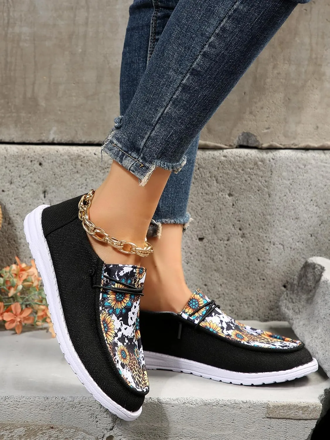 Unisex-Adult Sunflower Floral Canvas Loafers Comfortable Boat Shoes Easy Slip On Lightweight Deck Shoes Elastic Laces Outdoor Flat Walking Shoes Breathable Drving Shoes Sneakers for Women Men