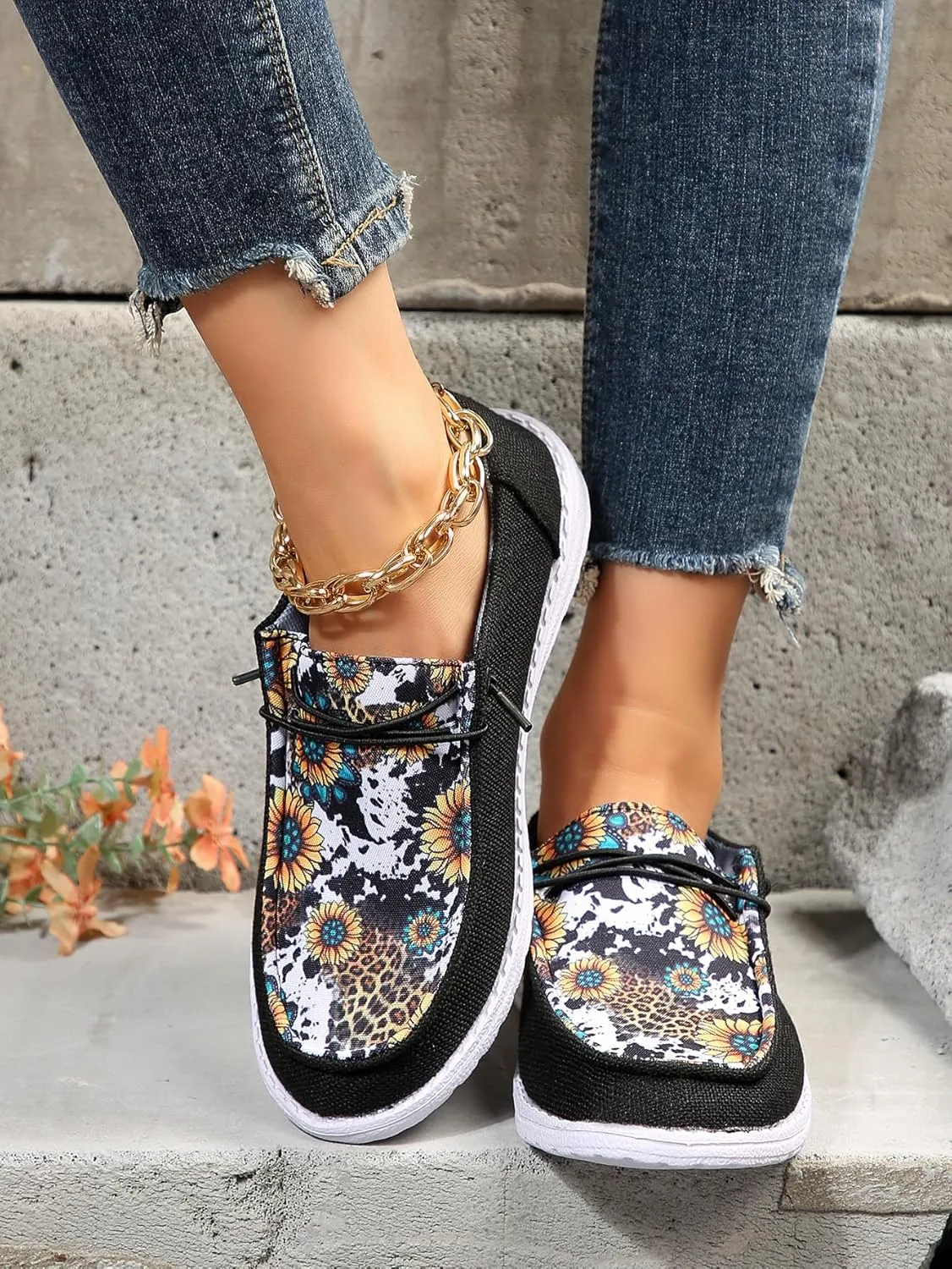 Unisex-Adult Sunflower Floral Canvas Loafers Comfortable Boat Shoes Easy Slip On Lightweight Deck Shoes Elastic Laces Outdoor Flat Walking Shoes Breathable Drving Shoes Sneakers for Women Men