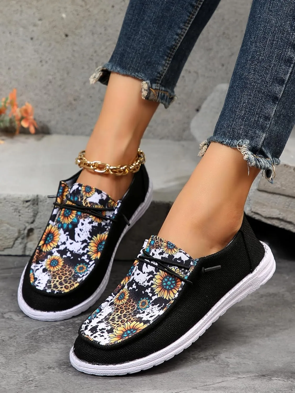 Unisex-Adult Sunflower Floral Canvas Loafers Comfortable Boat Shoes Easy Slip On Lightweight Deck Shoes Elastic Laces Outdoor Flat Walking Shoes Breathable Drving Shoes Sneakers for Women Men