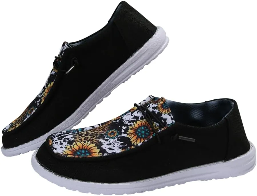Unisex-Adult Sunflower Floral Canvas Loafers Comfortable Boat Shoes Easy Slip On Lightweight Deck Shoes Elastic Laces Outdoor Flat Walking Shoes Breathable Drving Shoes Sneakers for Women Men