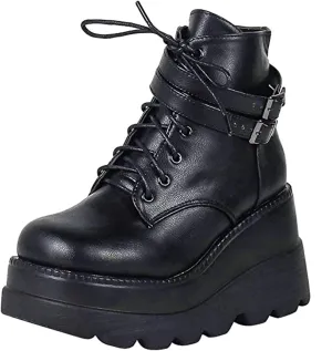 UOQAPRE Women's High Heel Combat Boots Square Toe Lace Up Ankle Booties Fashion Wedge Chunky Platform Boots Zipper Bootie Shoes