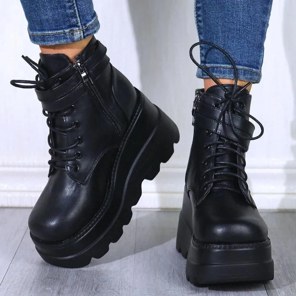 UOQAPRE Women's High Heel Combat Boots Square Toe Lace Up Ankle Booties Fashion Wedge Chunky Platform Boots Zipper Bootie Shoes