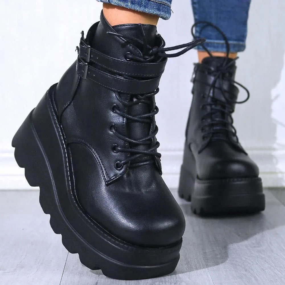 UOQAPRE Women's High Heel Combat Boots Square Toe Lace Up Ankle Booties Fashion Wedge Chunky Platform Boots Zipper Bootie Shoes
