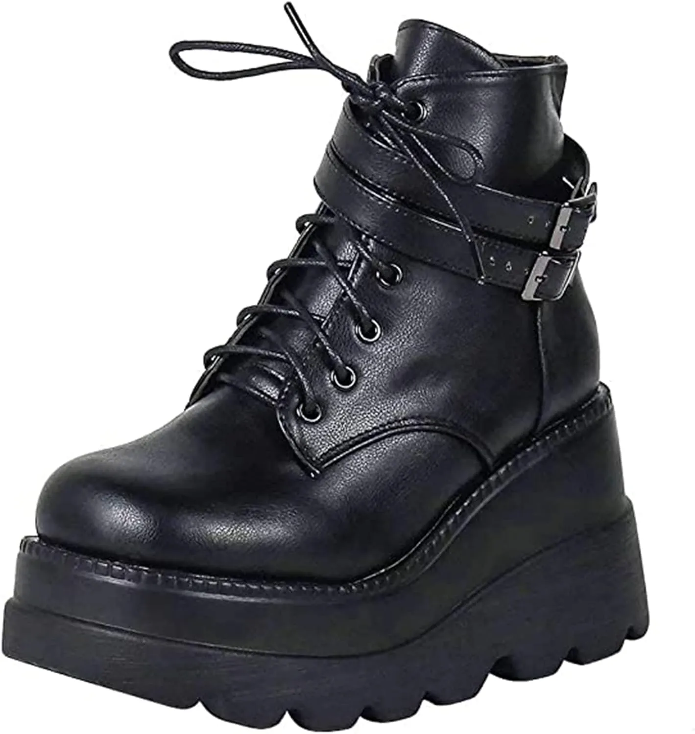 UOQAPRE Women's High Heel Combat Boots Square Toe Lace Up Ankle Booties Fashion Wedge Chunky Platform Boots Zipper Bootie Shoes
