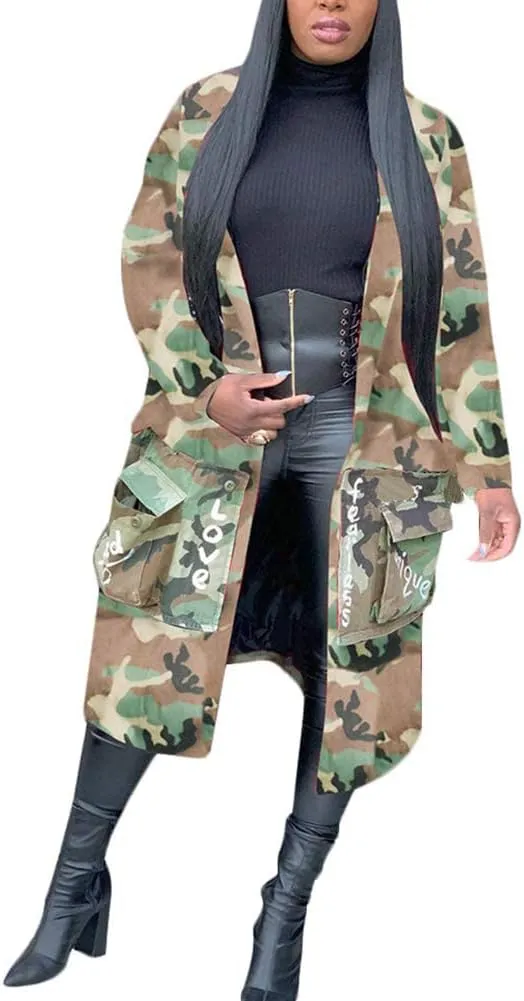 Vakkest Camo Blazer Jacket for Women Lapel Long Sleeve Open Front Cardigan Coat Classic Pockets Overcoat Outwear