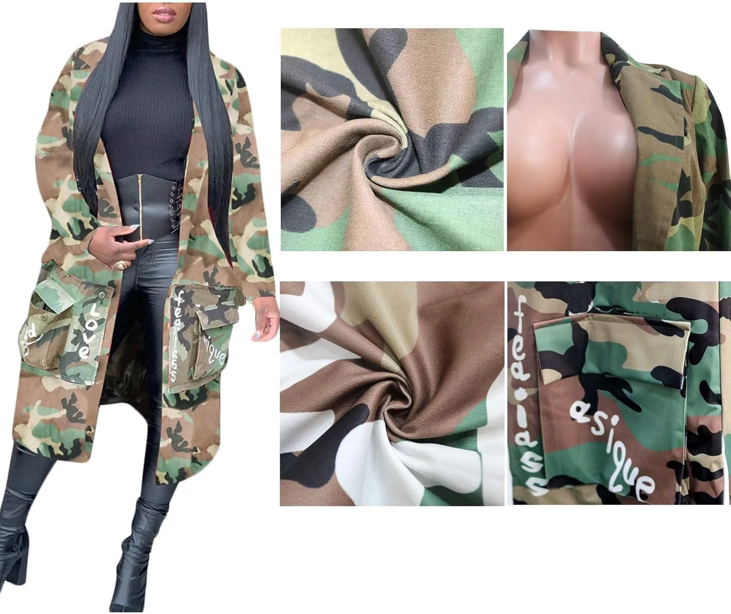 Vakkest Camo Blazer Jacket for Women Lapel Long Sleeve Open Front Cardigan Coat Classic Pockets Overcoat Outwear
