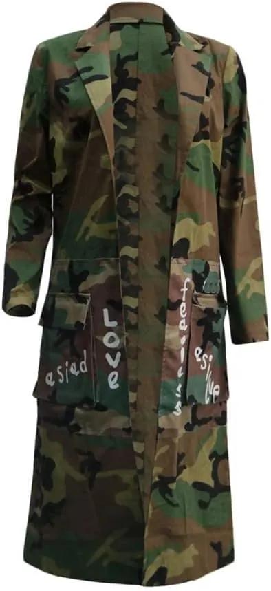 Vakkest Camo Blazer Jacket for Women Lapel Long Sleeve Open Front Cardigan Coat Classic Pockets Overcoat Outwear