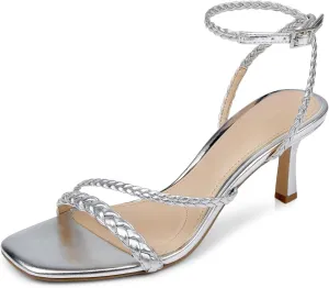 Vaslemuse Heels, Kitten Heels for Women, Strappy Sandals Braided Heels Ankle Strap Dress Pumps Square Open Toe Party Dance Shoes