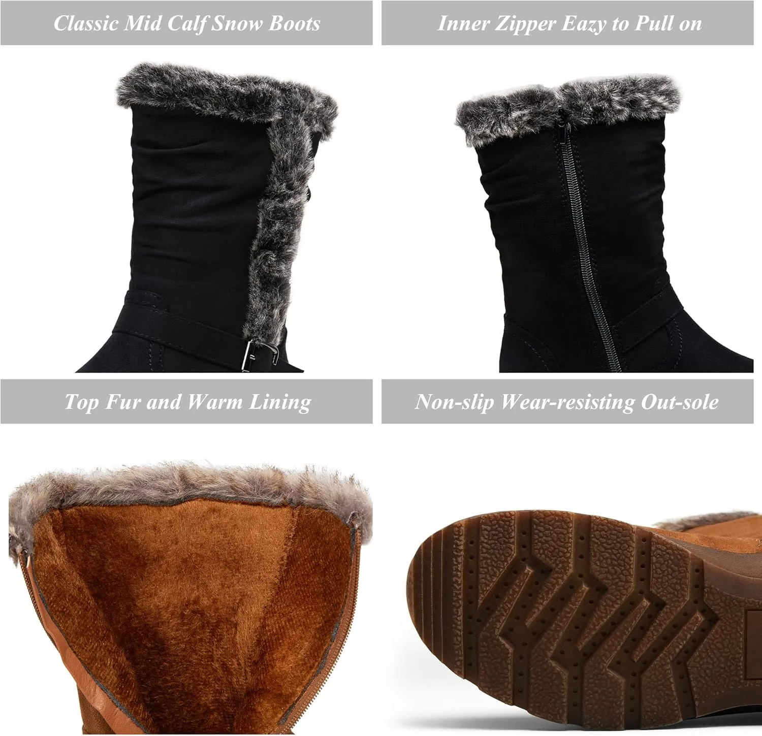 Vepose Women's Winter Snow Boots Fur Mid Calf Warm Suede Fuzzy Shoes