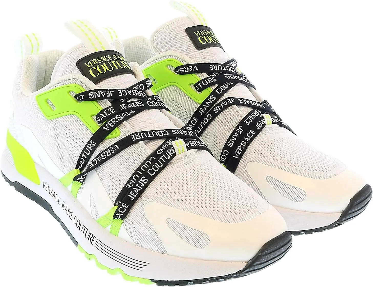VERSACE JEANS COUTURE White Neon Green Lace Up Fashion Athletic Sneakers- for Mens