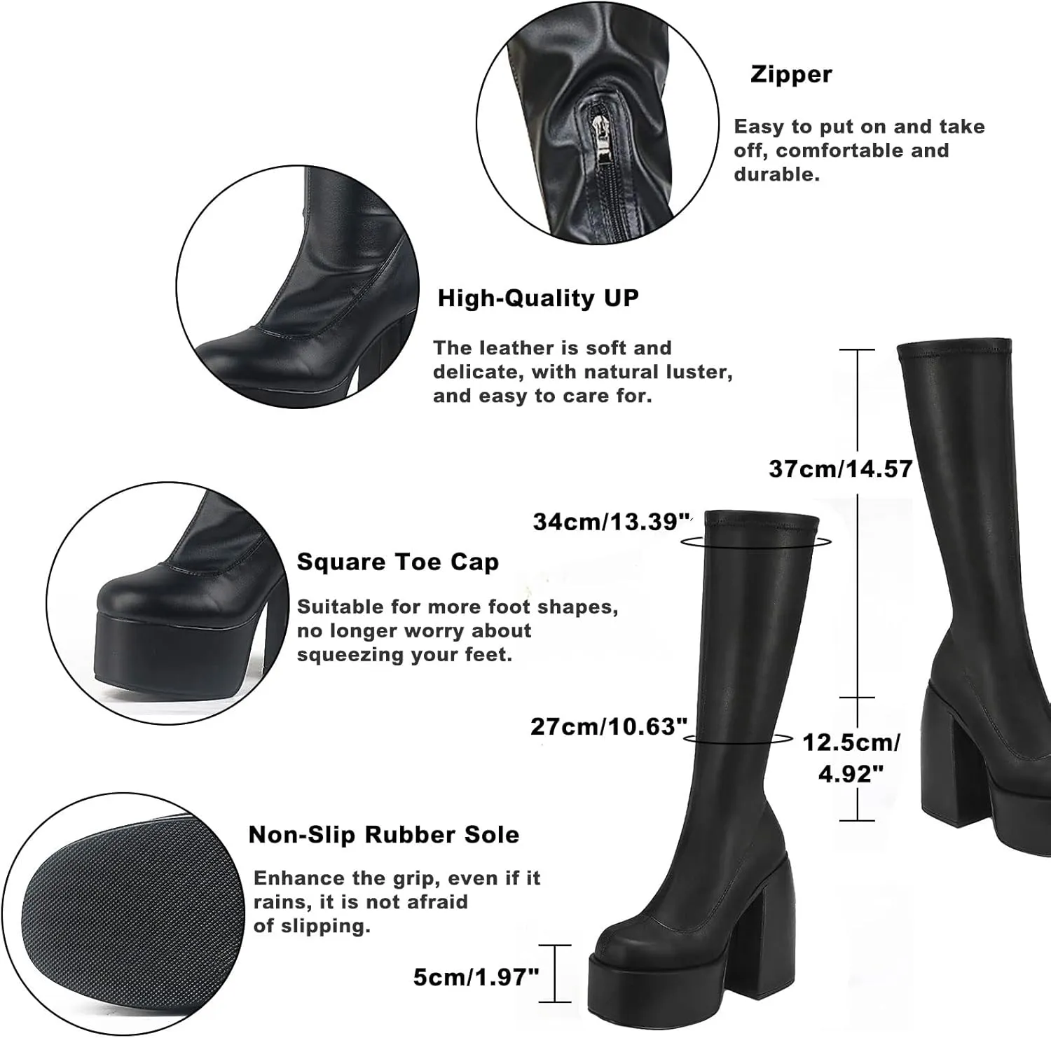 VOMIRA Ankle Boots for Women Chunky High Heel Sqaure Toe Side Zipper Pu Leather Stretch Boots Platform GoGo boots
