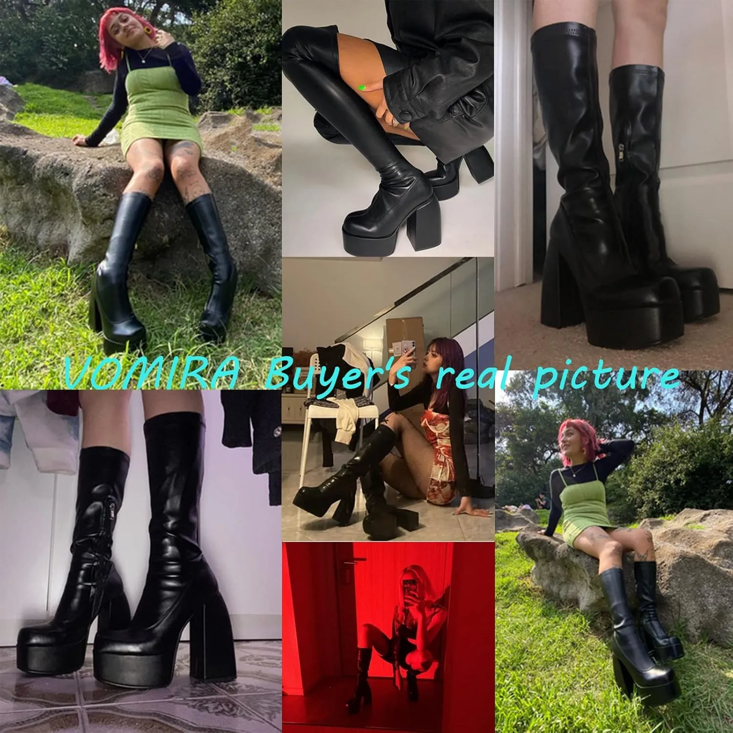 VOMIRA Ankle Boots for Women Chunky High Heel Sqaure Toe Side Zipper Pu Leather Stretch Boots Platform GoGo boots