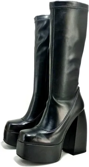 VOMIRA Ankle Boots for Women Chunky High Heel Sqaure Toe Side Zipper Pu Leather Stretch Boots Platform GoGo boots