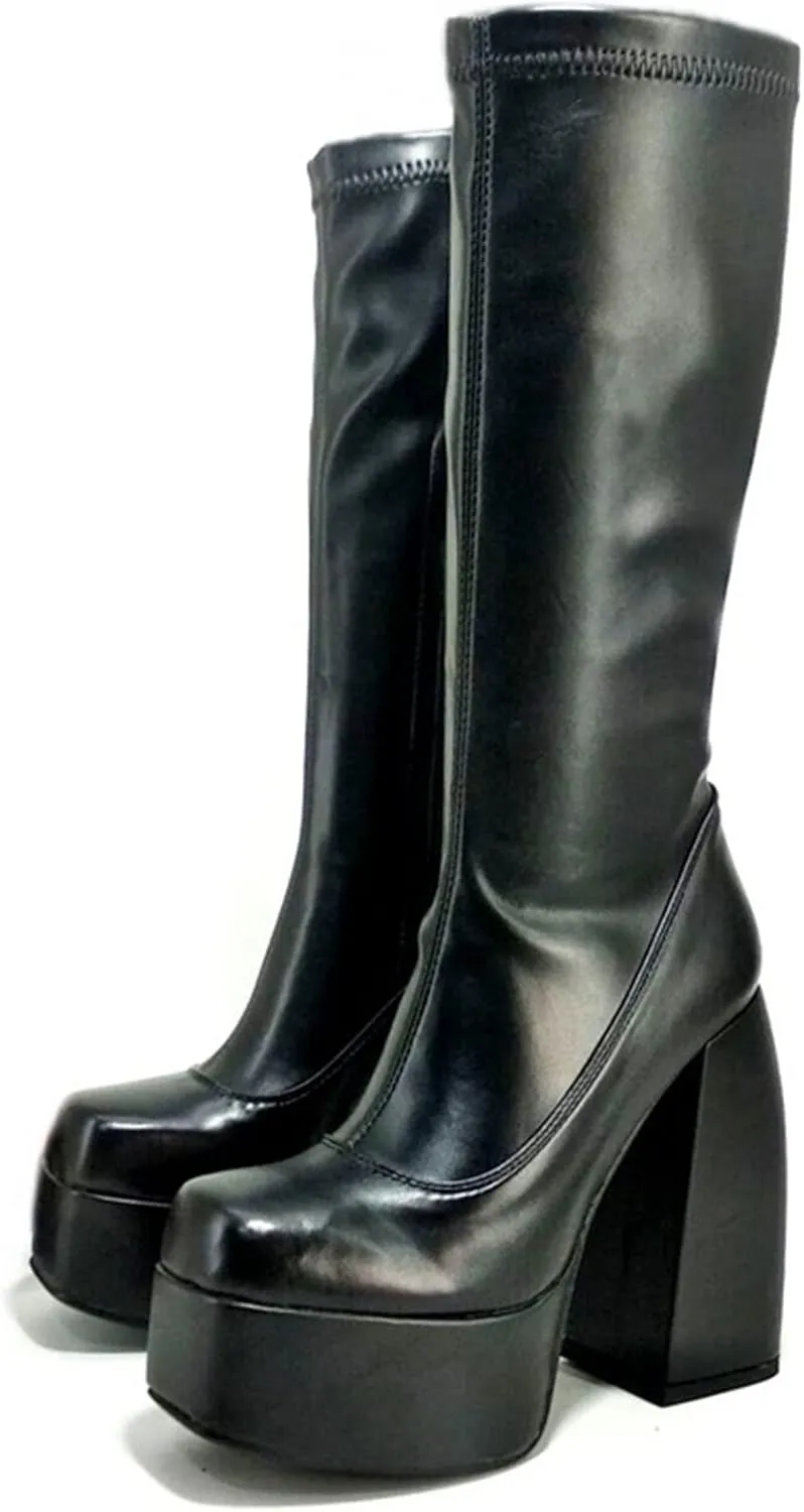 VOMIRA Ankle Boots for Women Chunky High Heel Sqaure Toe Side Zipper Pu Leather Stretch Boots Platform GoGo boots