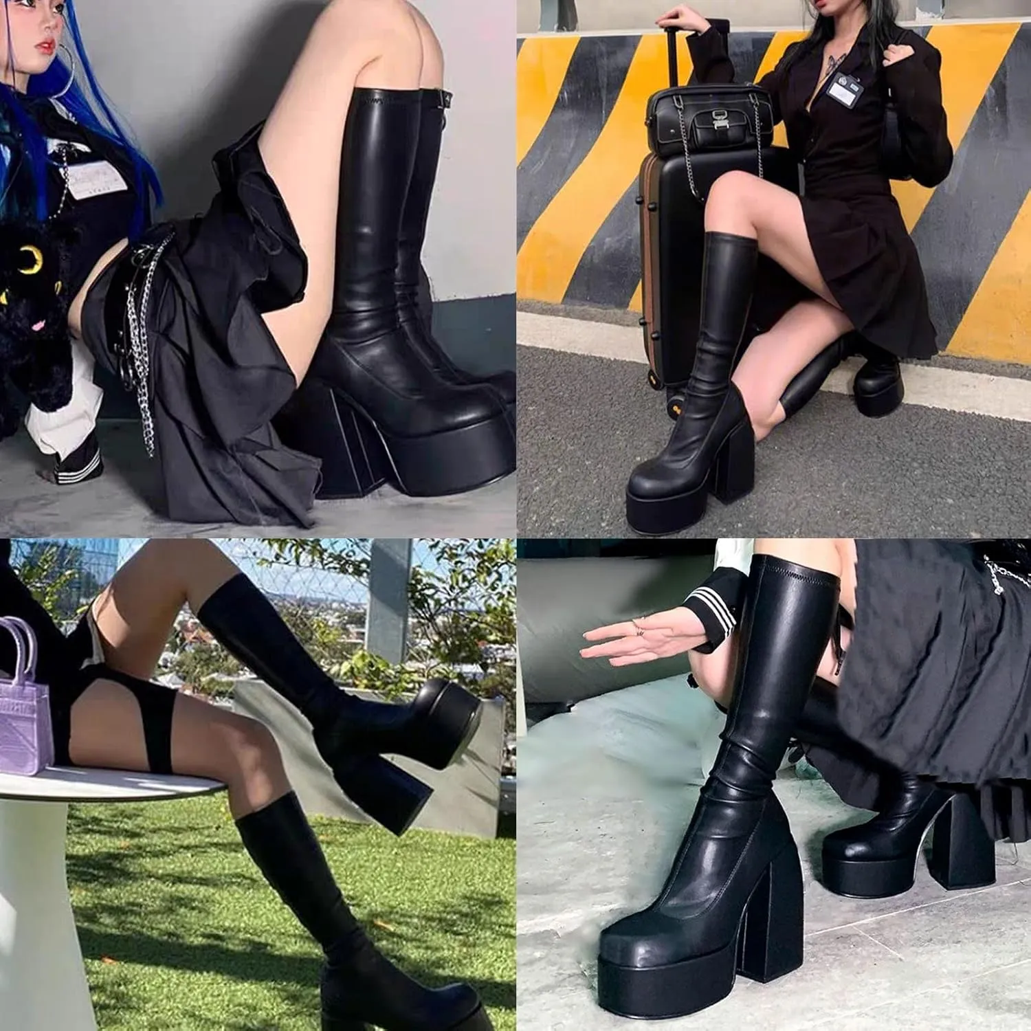VOMIRA Ankle Boots for Women Chunky High Heel Sqaure Toe Side Zipper Pu Leather Stretch Boots Platform GoGo boots
