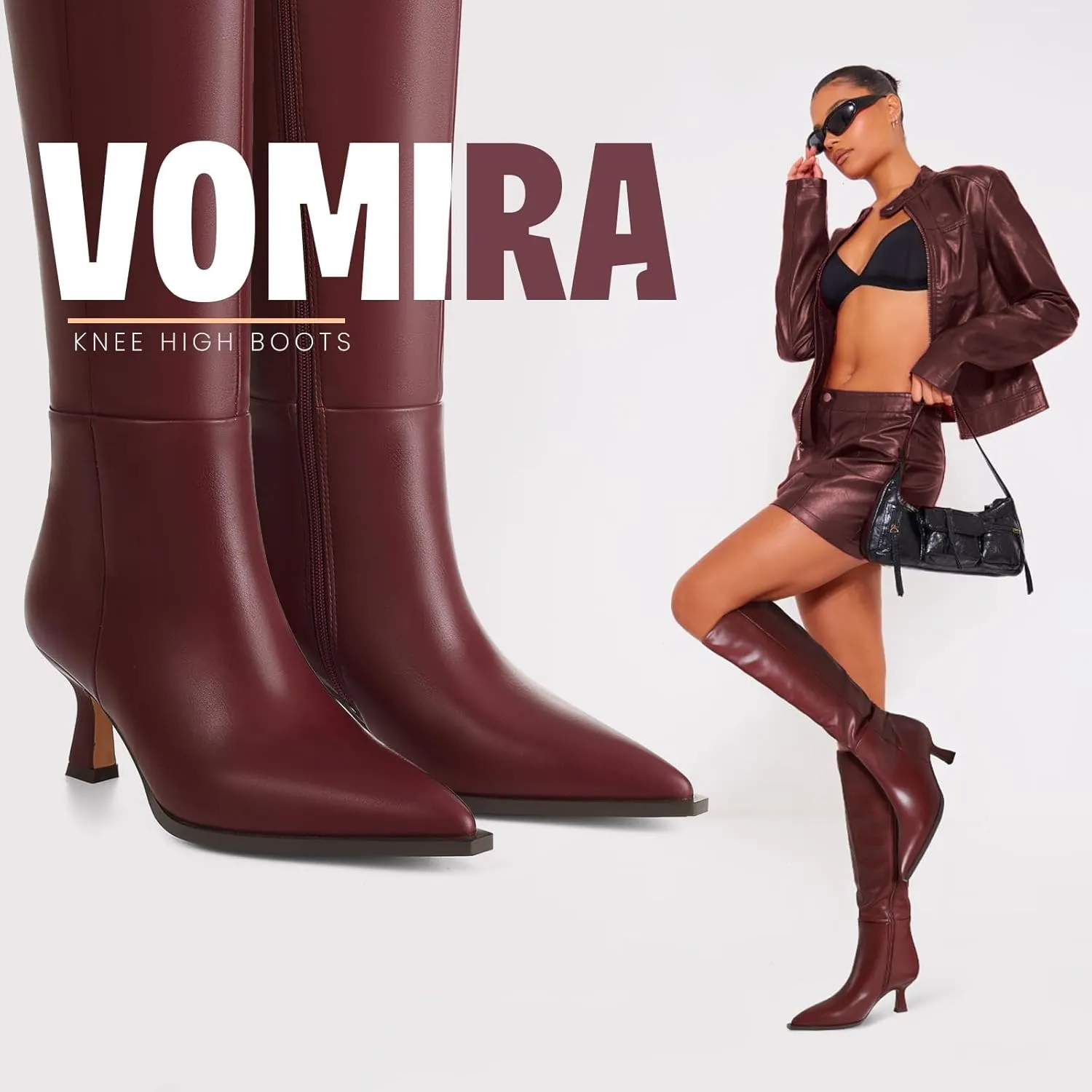 VOMIRA Knee High Boots for Women Black Boots Pointy Toe Kitten Heels Wide Calf Boots 3 In High Heels Long Boots Stiletto Boots Dress Tall Boots