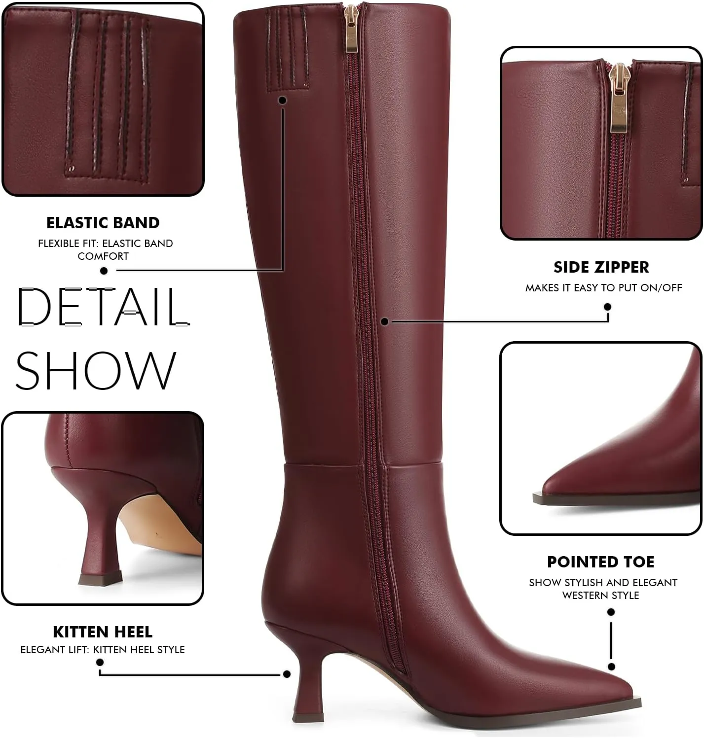 VOMIRA Knee High Boots for Women Black Boots Pointy Toe Kitten Heels Wide Calf Boots 3 In High Heels Long Boots Stiletto Boots Dress Tall Boots
