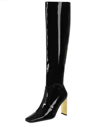 VOMIRA Knee High Boots Women Chunky Heel Square Toe Black Boots for Women High Heel Side Zipper Dress Long Boots Stretch Leather Tall Boots
