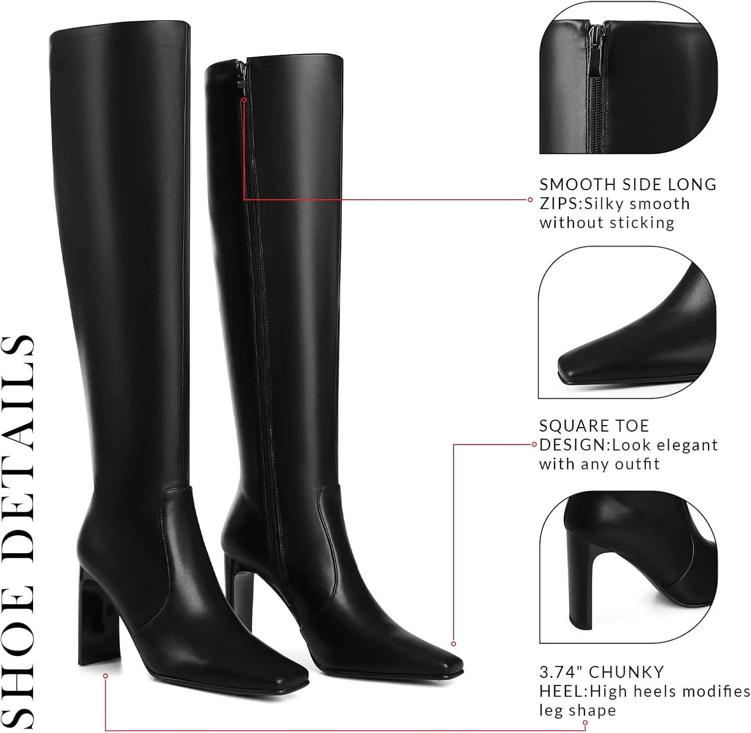 VOMIRA Knee High Boots Women Chunky Heel Square Toe Black Boots for Women High Heel Side Zipper Dress Long Boots Stretch Leather Tall Boots