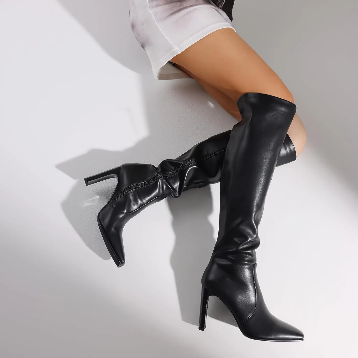 VOMIRA Knee High Boots Women Chunky Heel Square Toe Black Boots for Women High Heel Side Zipper Dress Long Boots Stretch Leather Tall Boots