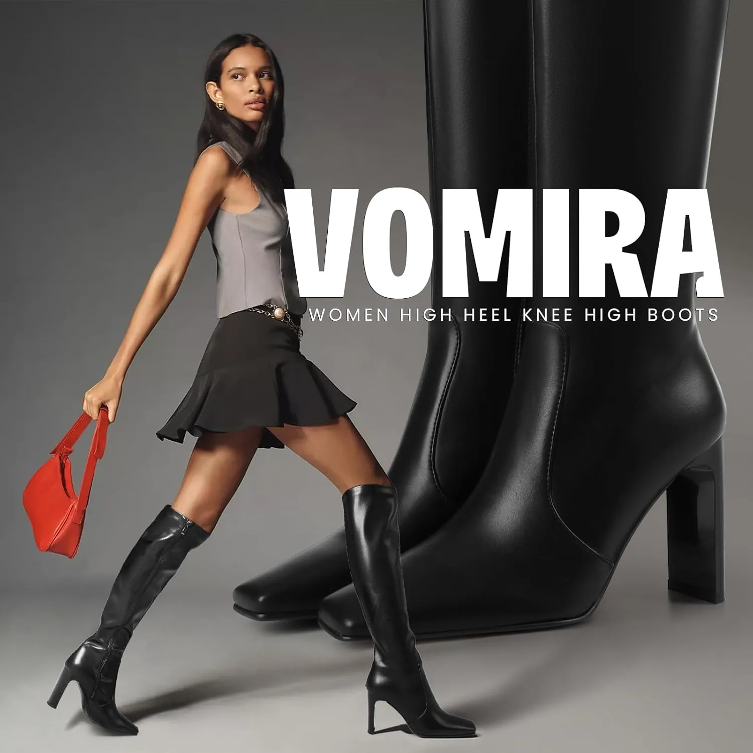 VOMIRA Knee High Boots Women Chunky Heel Square Toe Black Boots for Women High Heel Side Zipper Dress Long Boots Stretch Leather Tall Boots