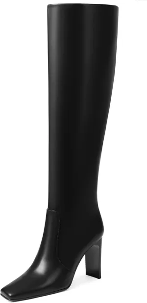 VOMIRA Knee High Boots Women Chunky Heel Square Toe Black Boots for Women High Heel Side Zipper Dress Long Boots Stretch Leather Tall Boots