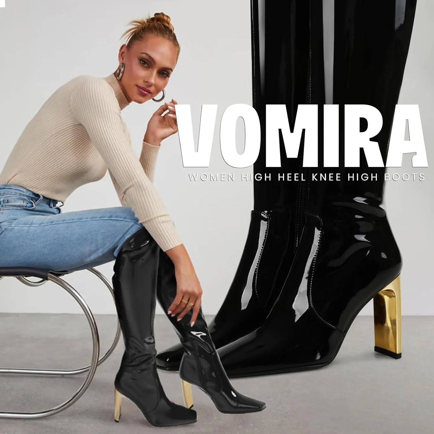 VOMIRA Knee High Boots Women Chunky Heel Square Toe Black Boots for Women High Heel Side Zipper Dress Long Boots Stretch Leather Tall Boots