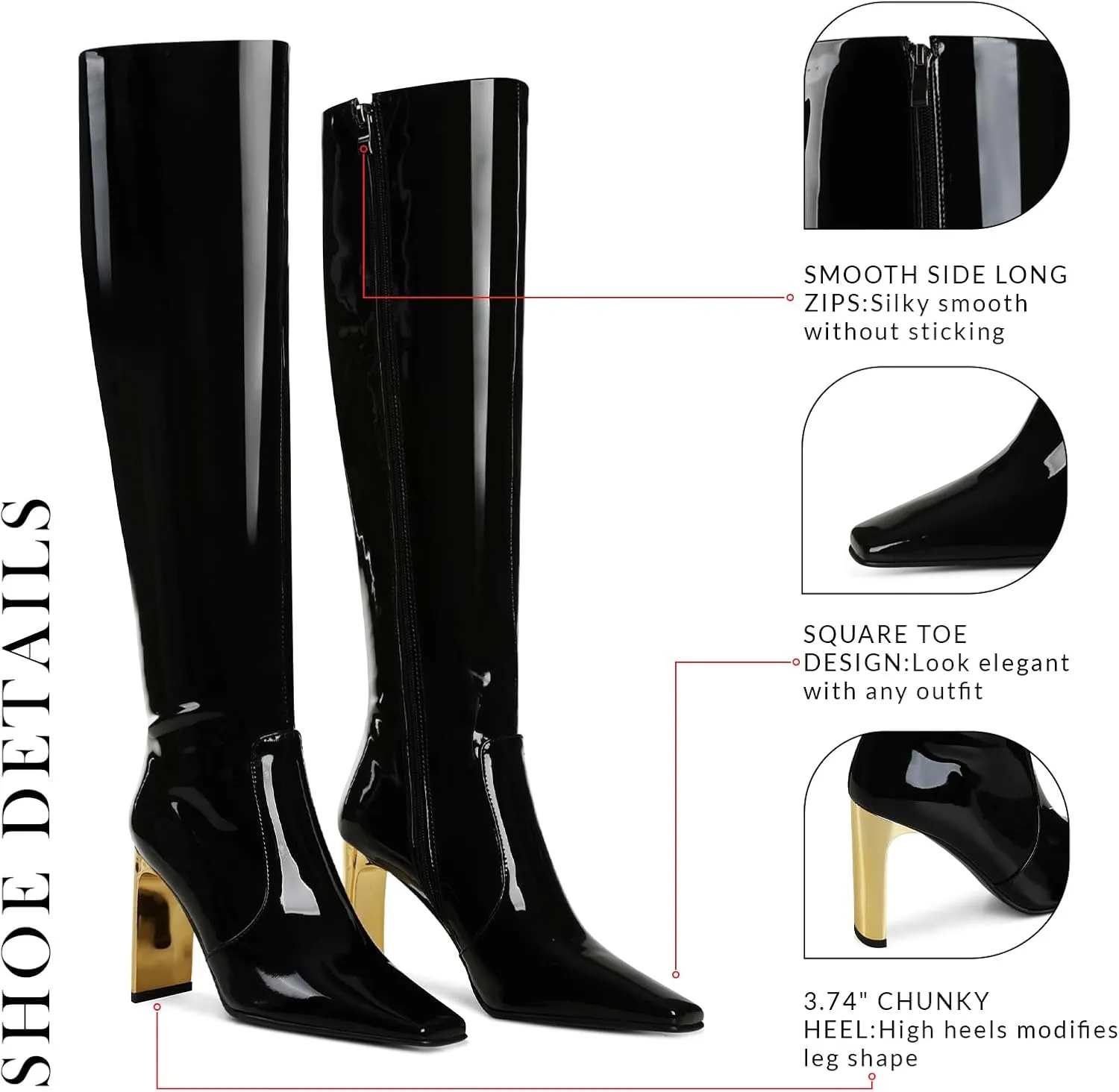 VOMIRA Knee High Boots Women Chunky Heel Square Toe Black Boots for Women High Heel Side Zipper Dress Long Boots Stretch Leather Tall Boots