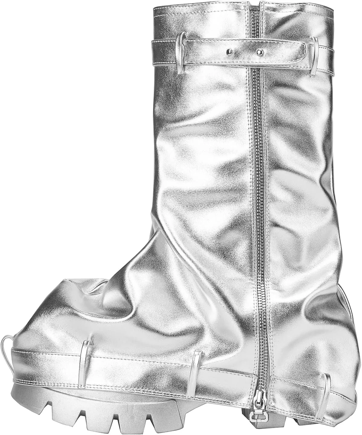 VOMIRA Women's Fold Over Boots Slouchy Boots Wide Calf Pleated Platform Boots Glitter Metallic Silver Boots Chunky Stacked Boots Mid Calf Boots