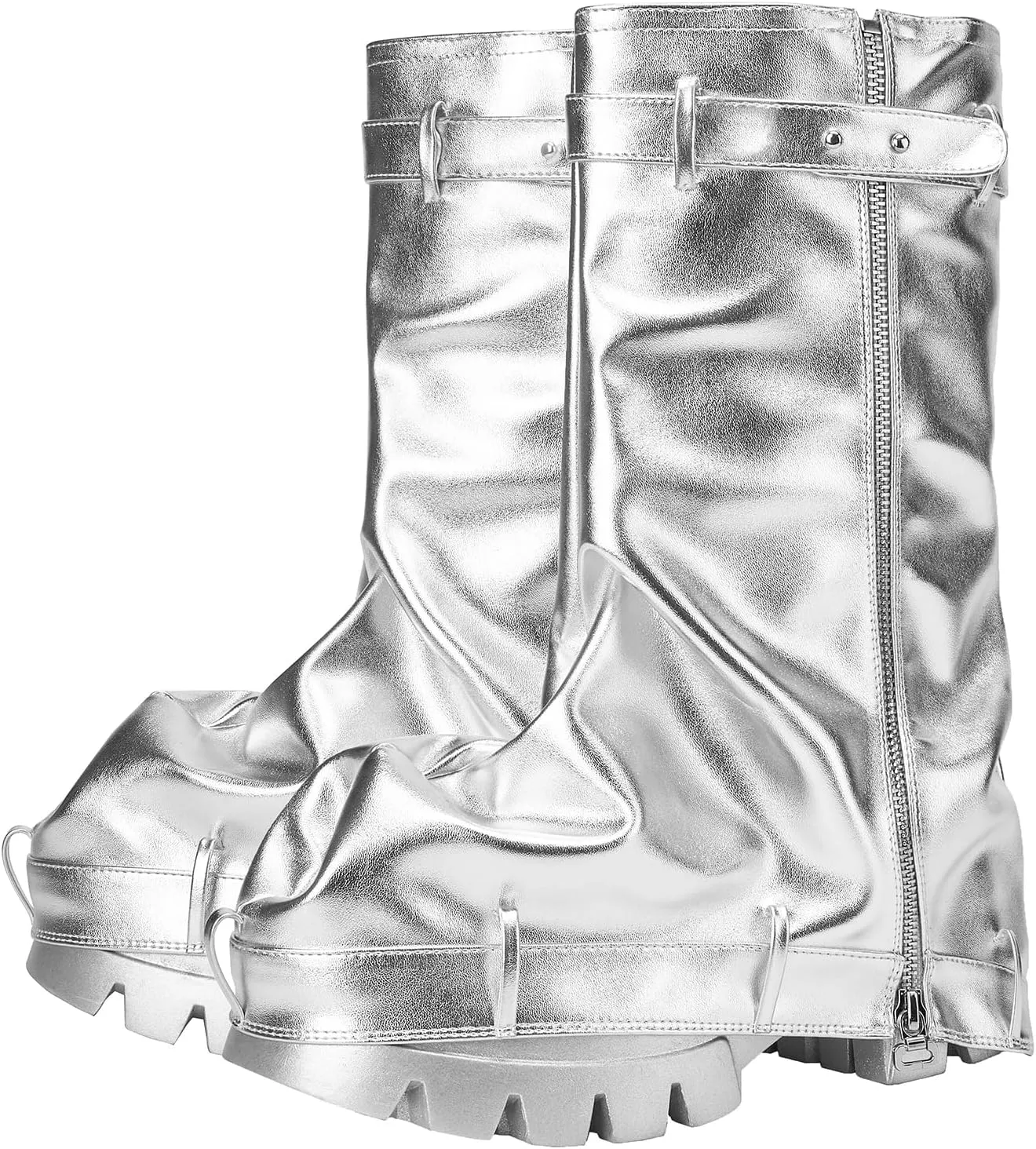 VOMIRA Women's Fold Over Boots Slouchy Boots Wide Calf Pleated Platform Boots Glitter Metallic Silver Boots Chunky Stacked Boots Mid Calf Boots
