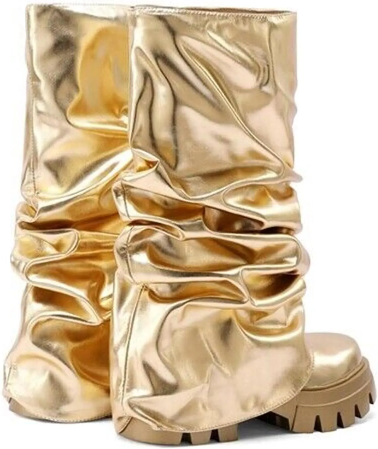 VOMIRA Women's Fold Over Boots Slouchy Boots Wide Calf Pleated Platform Boots Glitter Metallic Silver Boots Chunky Stacked Boots Mid Calf Boots