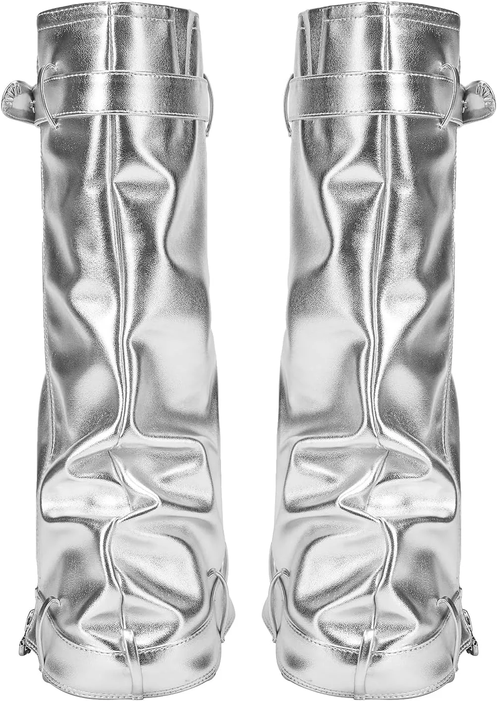 VOMIRA Women's Fold Over Boots Slouchy Boots Wide Calf Pleated Platform Boots Glitter Metallic Silver Boots Chunky Stacked Boots Mid Calf Boots