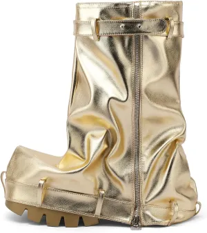 VOMIRA Women's Fold Over Boots Slouchy Boots Wide Calf Pleated Platform Boots Glitter Metallic Silver Boots Chunky Stacked Boots Mid Calf Boots