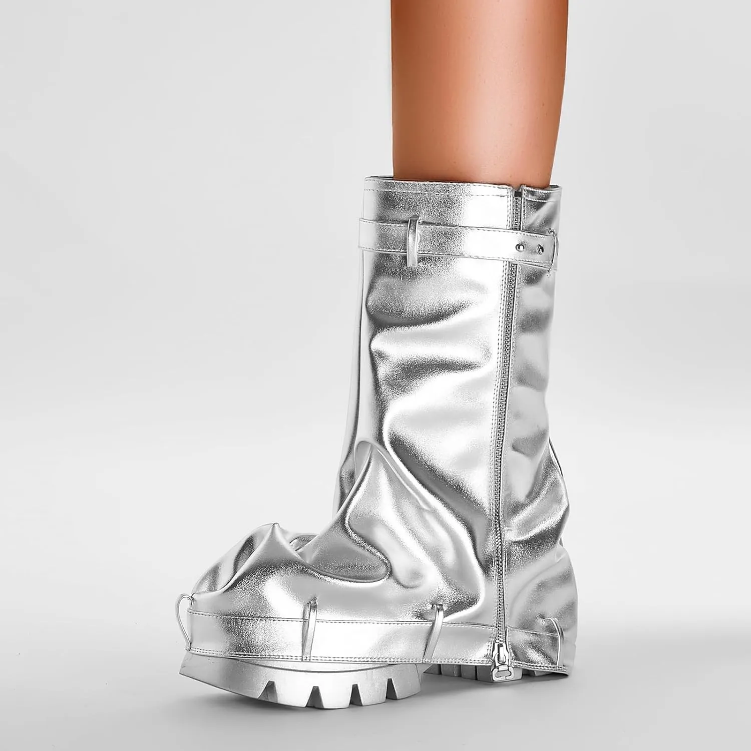VOMIRA Women's Fold Over Boots Slouchy Boots Wide Calf Pleated Platform Boots Glitter Metallic Silver Boots Chunky Stacked Boots Mid Calf Boots