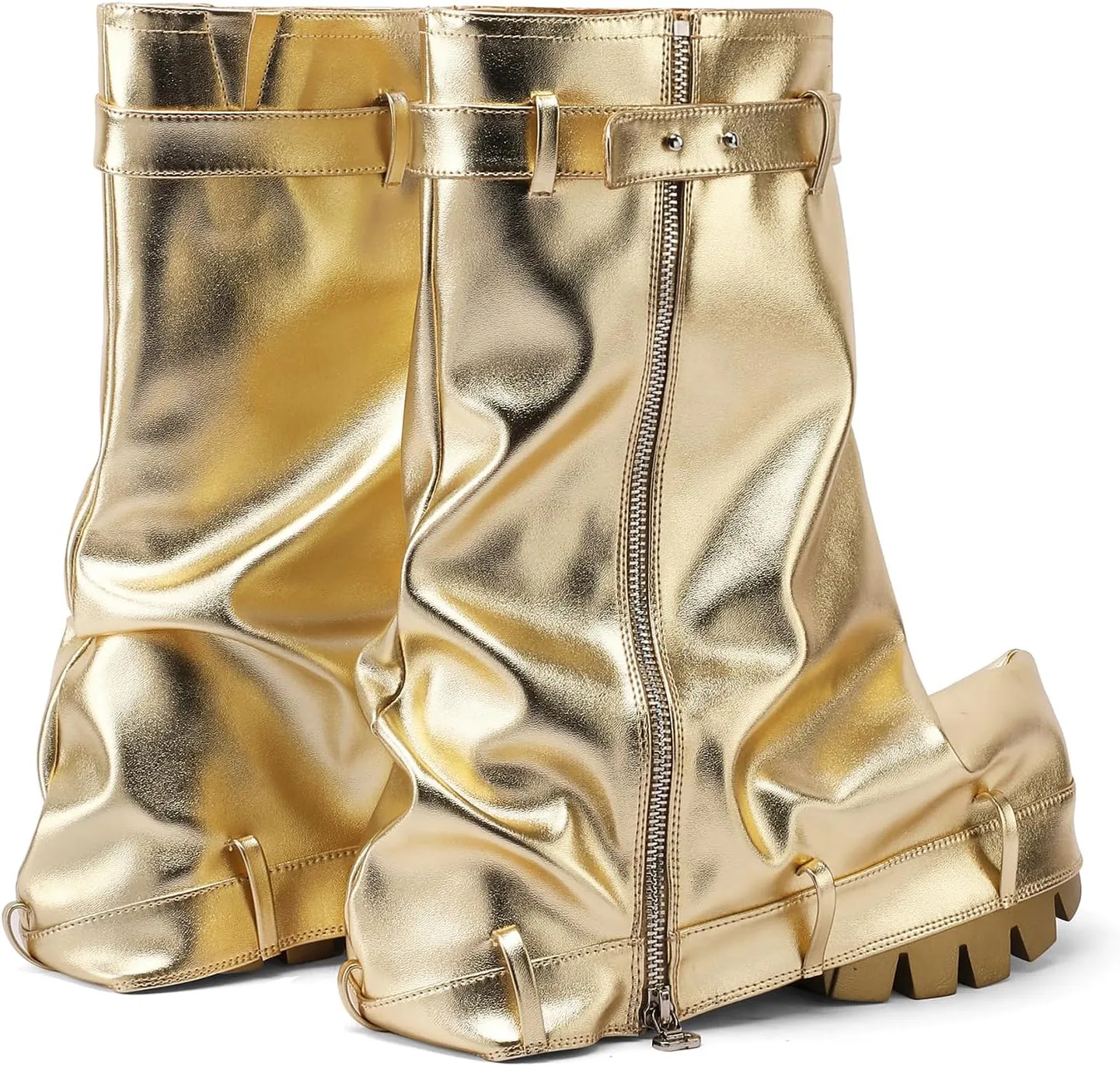 VOMIRA Women's Fold Over Boots Slouchy Boots Wide Calf Pleated Platform Boots Glitter Metallic Silver Boots Chunky Stacked Boots Mid Calf Boots