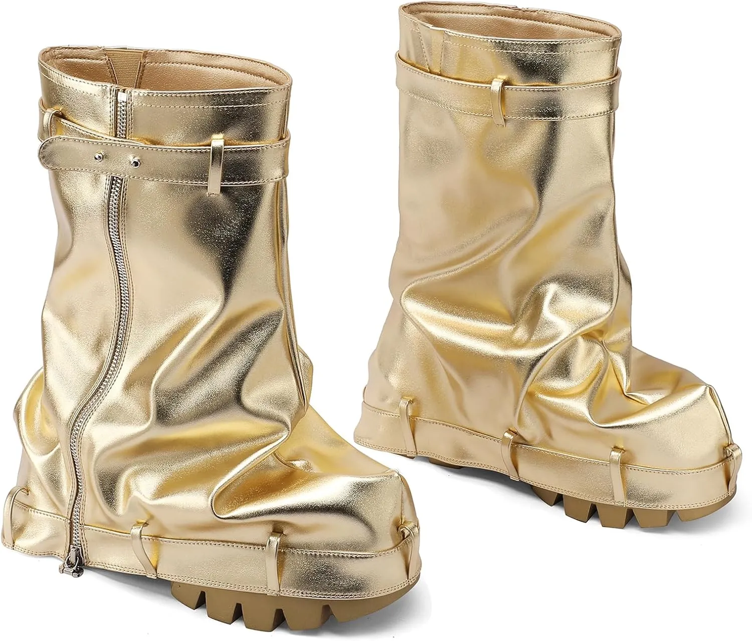 VOMIRA Women's Fold Over Boots Slouchy Boots Wide Calf Pleated Platform Boots Glitter Metallic Silver Boots Chunky Stacked Boots Mid Calf Boots