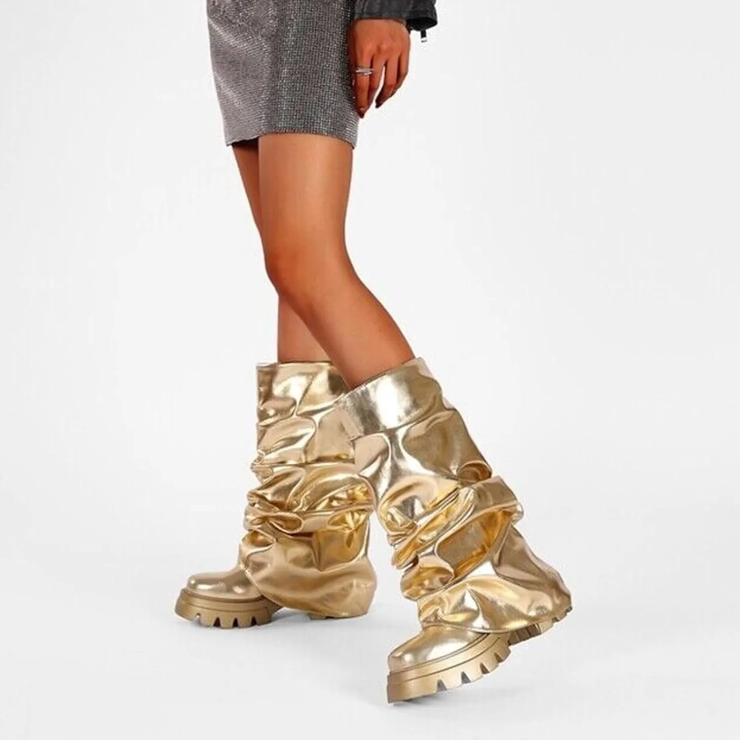 VOMIRA Women's Fold Over Boots Slouchy Boots Wide Calf Pleated Platform Boots Glitter Metallic Silver Boots Chunky Stacked Boots Mid Calf Boots